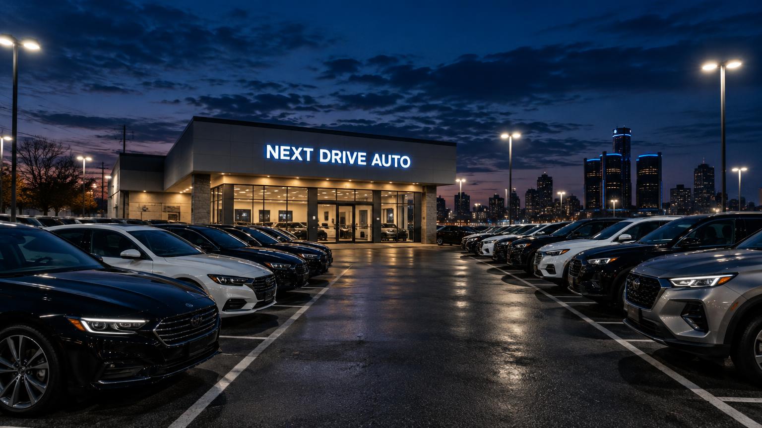 Next Drive Auto dealership lot at dusk in Detroit